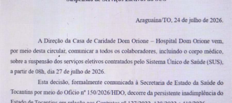 Hospital Dom Orione anuncia que deixará de fazer cirurgias eletivas do governo amanhã por falta de pagamento!! Não é boa notícia para Dorinha no 2º maior colégio eleitoral do Estado: 120 mil eleitores e 178 mil habitantes!